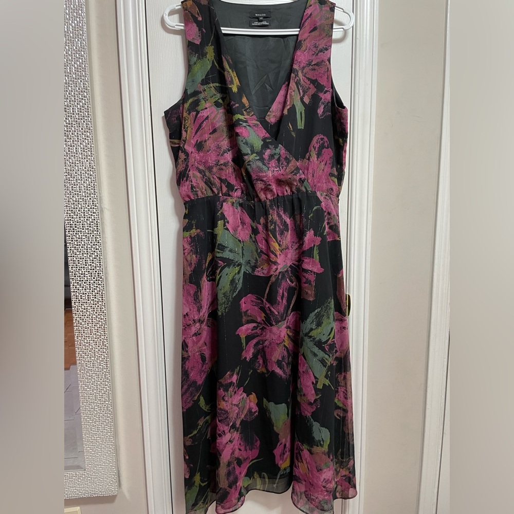 RW&CO. Black Midi Dress with Pink & Green Floral Print